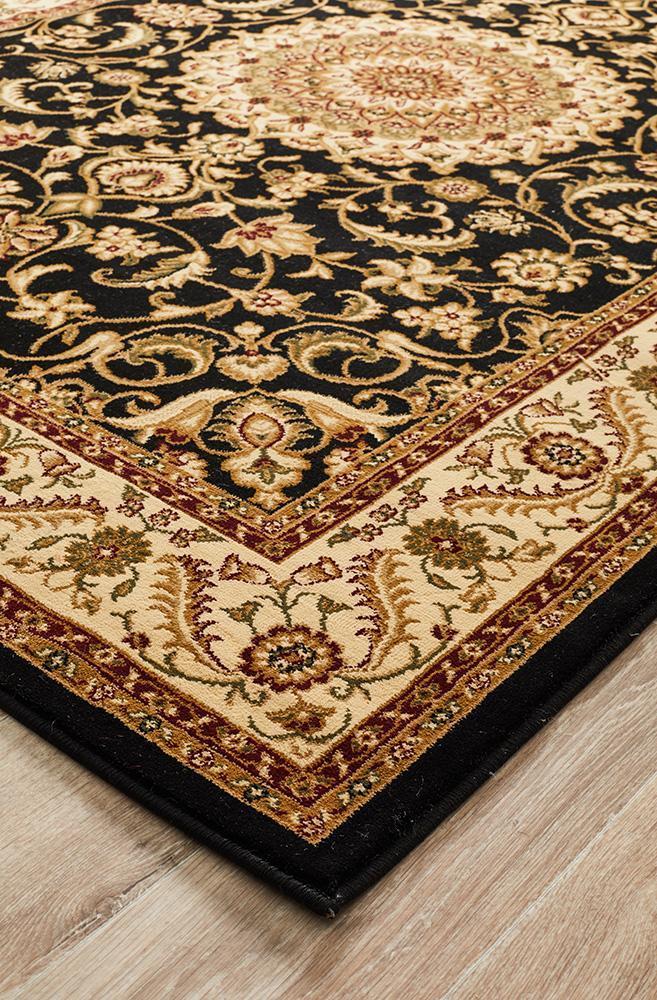 Sydney Collection Medallion Rug Black With Ivory Border