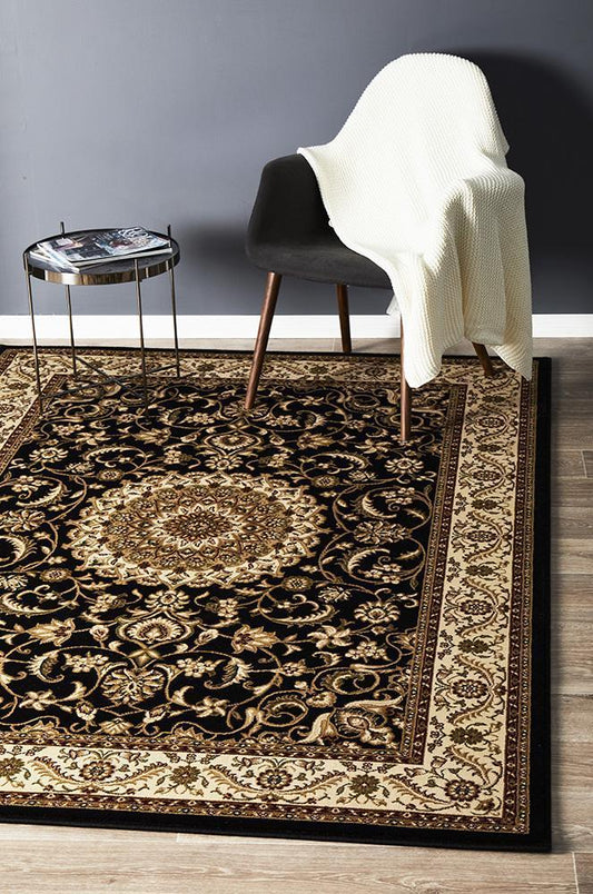 Sydney Collection Medallion Rug Black With Ivory Border