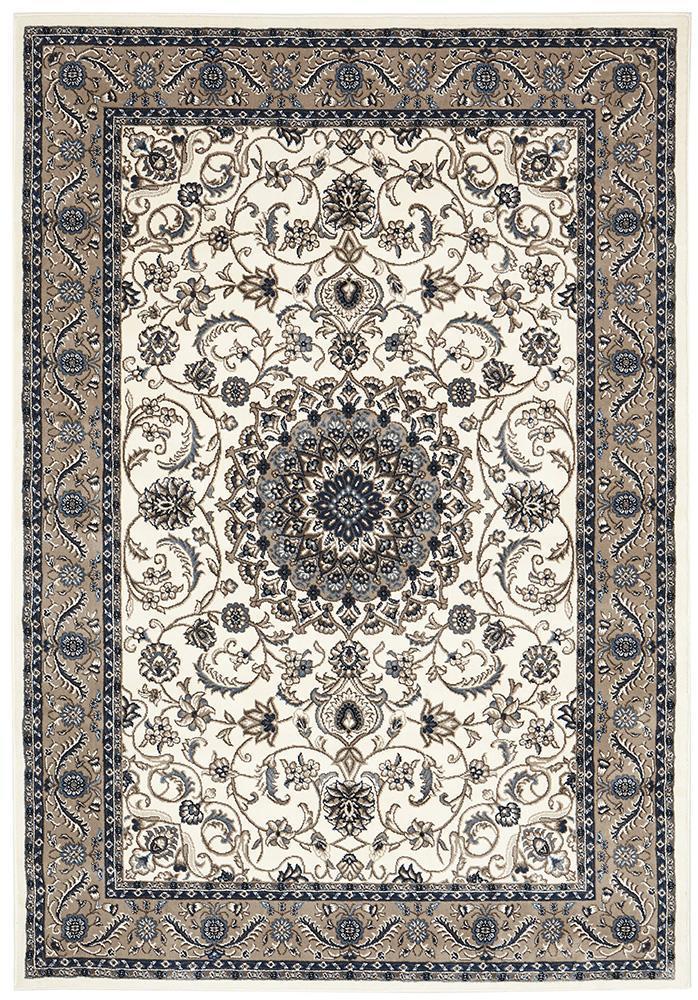 Sydney Collection Medallion Rug White With Beige Border