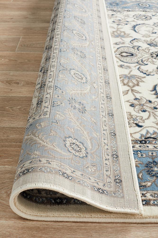 Sydney Collection Medallion Rug White With Blue Border